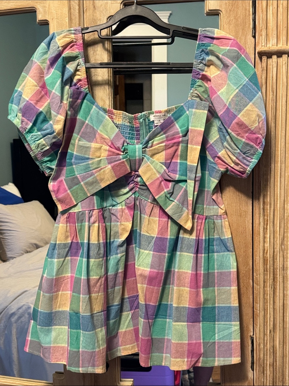 Chicsoul Pastel Plaid Dress with Front Bow